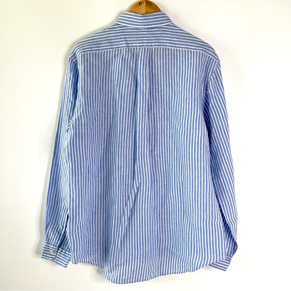 RALPH LAUREN | Ocean Wash Linen Blue and White Stripe Button Long Sleeve Large - Picture 5 of 7